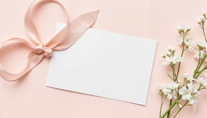 Blank card with pink ribbon and white flowers on pastel background