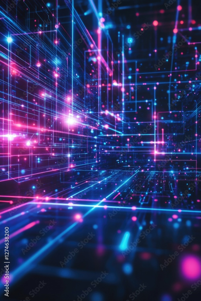 Poster colorful digital grid with lines and dots forming a network design.