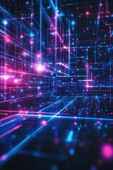 Fototapeta premium Colorful digital grid with lines and dots forming a network design.