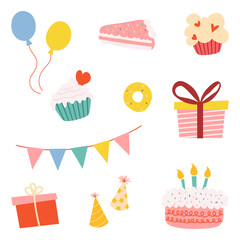 flat design composition for birthday, cake, cupcakes, gifts, decorations on a white background