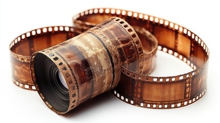 Old film reel and lens on white; nostalgic memories; film photography history