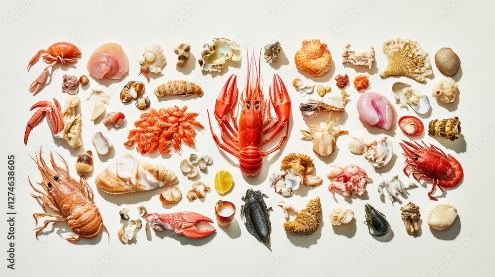 Poster a vibrant display of various seafood and shellfish arranged artistically on a light background