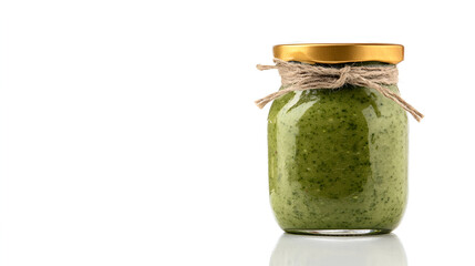 Homemade basil pesto sauce in glass jar on white background