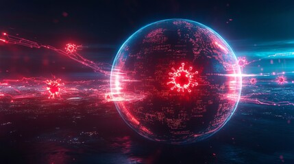 Obraz premium Glowing cybernetic network envelops Earth with vibrant energy and data connections