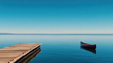 Obraz premium A small wooden pier extends into calm water, while a lone canoe floats gently nearby under a clear blue sky at sunset