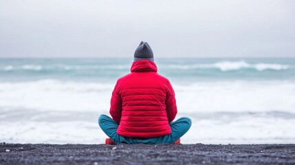 A person sits cross-legged on a black sand beach, enjoying the sound of waves while peacefully meditating in natural light