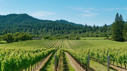 Fototapeta premium Vineyard basked in golden sunset light, featuring lush grapevines stretching towards the horizon amid a peaceful countryside setting