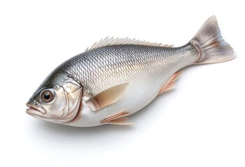 Obraz premium Close-up of a silvery fish on a plain white background, highlighting its detailed scales and fins.