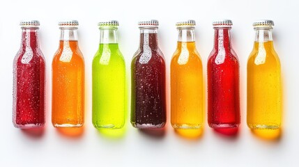 Colorful assortment of fizzy beverages in glass bottles, showcasing vibrant hues and bubbles