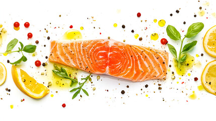 Fresh raw salmon marbled fillet on white background with lemon, coarse salt, green herbs top view. Healthy nutrition and balanced diet