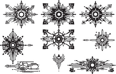 Set of futuristic mandala ornaments. Hand drawn vector illustration