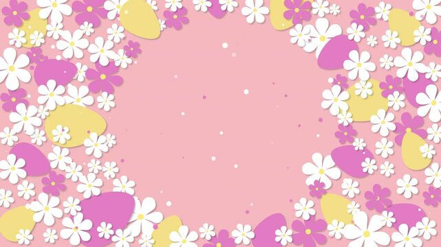Easter greeting animated card. Wreath of painted colored eggs and flowers. Symbols of the religious holiday of Great Easter. Looped motion graphic.