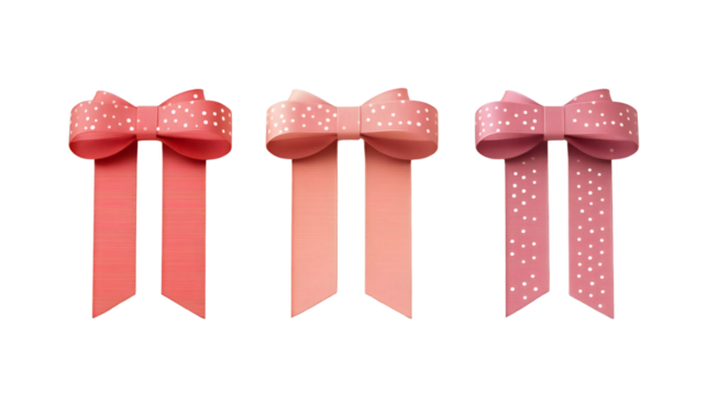 Realistic pink bows featuring white polka dot pattern, floating against transparent background for gift embellishing