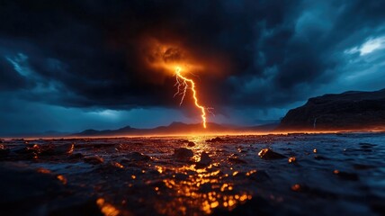 Fototapeta premium Dramatic lightning bolt strikes at dusk over rocky landscape