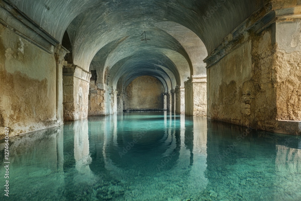 Poster reflections on calm water inside an ancient stone structure in a peaceful setting