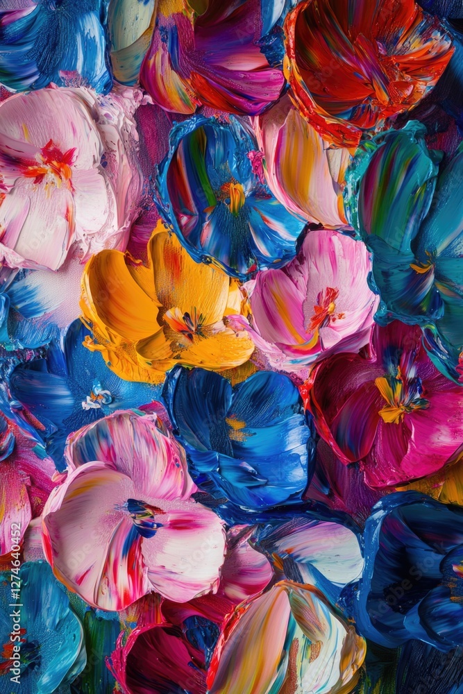 Poster colorful splashes of paint on canvas create an abstract floral pattern.