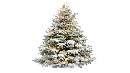 Snow-covered Christmas tree sparkling with festive lights, isolated on transparent background, ideal for seasonal design needs
