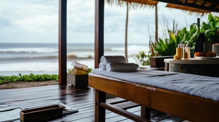 Obraz premium Private beachfront spa retreat offers a tranquil massage deck with stunning views of the ocean and gentle waves in the background