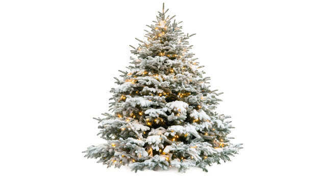 Snow-covered Christmas tree sparkling with festive lights, isolated on transparent background, ideal for seasonal design needs