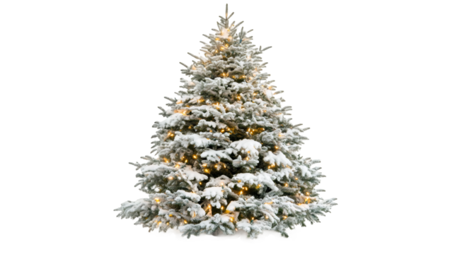 Snow-covered Christmas tree sparkling with festive lights, isolated on transparent background, ideal for seasonal design needs