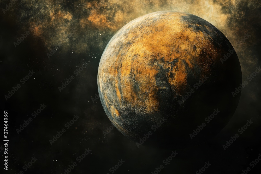Poster impressive view of a distant planet in a vibrant space setting during cosmic twilight