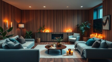 Cozy Modern Living Room with Candles and Fireplace