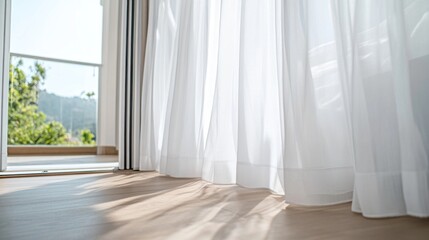 Natural light fills a luxurious villa bedroom with a spacious king-sized bed and soft white curtains, inviting outdoor warmth and tranquility