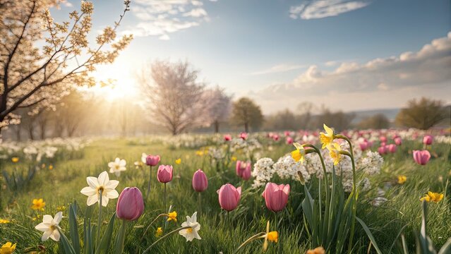 a vibrant field of blooming spring flowers, tulips, daffodils, and cherry blossoms, soft golden sunlight, blurred background with trees and blue sky, fresh and cheerful atmosphere - Powered by Adobe