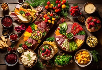 Fototapeta premium colorful delicious appetizer displayed rustic wooden table surrounded warm atmosphere perfect inviting gathering, spread, vintage, vibrant, food, plate