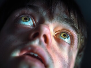 The eyes are opened wide, and the expression is of surprise or contemplation.