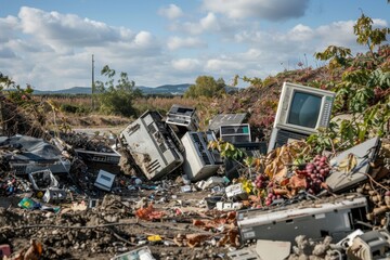 E-waste pile showing discarded electronics and appliances in an urban setting during daylight hours