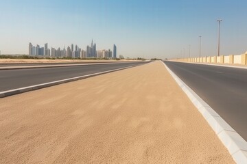 Fototapeta premium Dubai's highway desert. Buildings in background. For travel, architecture and cityscape