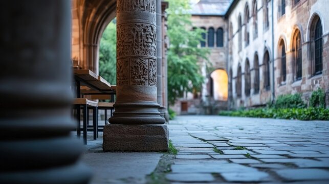 A detailed stone column with sculpted capitals stands majestically in a serene monastery courtyard, highlighted by warm natural light