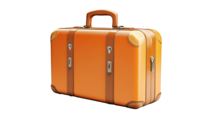 Closed orange suitcase with leather straps and metallic locks on a transparent background, perfect for travel and vacation projects