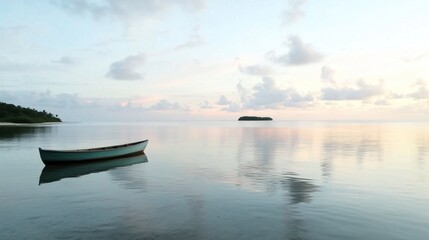 Naklejka premium A serene rowboat floats on calm waters, reflecting vibrant pink and orange clouds as an island emerges on the horizon at sunset