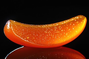 Sweet, gelatin fruit-shaped candy with orange flavor and glossy finish.