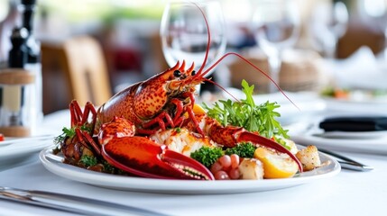 Indulge in a luxurious seafood dining experience featuring a beautifully plated lobster dish adorned with artistic garnishes on a pristine tablecloth