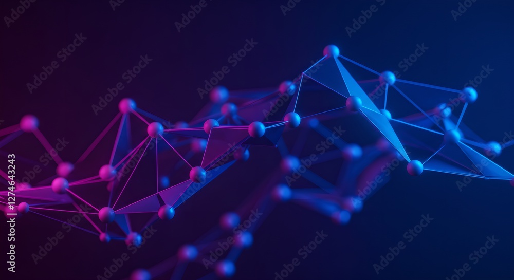Poster abstract digital network visualization. blue and purple connected nodes on dark background. technolo