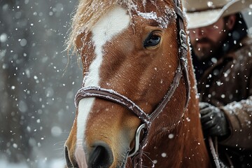 Close-Up of Horse&rsquo;s Face and Front Legs with American Cowboy Riding in Snow, Realistic Photo