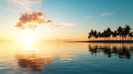Obraz premium Warm hues of orange and pink fill the sky as palm trees create silhouettes against the tranquil ocean, capturing the peaceful essence of sunset