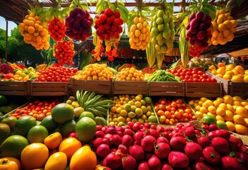 Obraz premium stunning displays fruits vegetables gravity defying arrangements showcasing colorful varieties unique compositions, apple, banana, berry, carrot, citrus