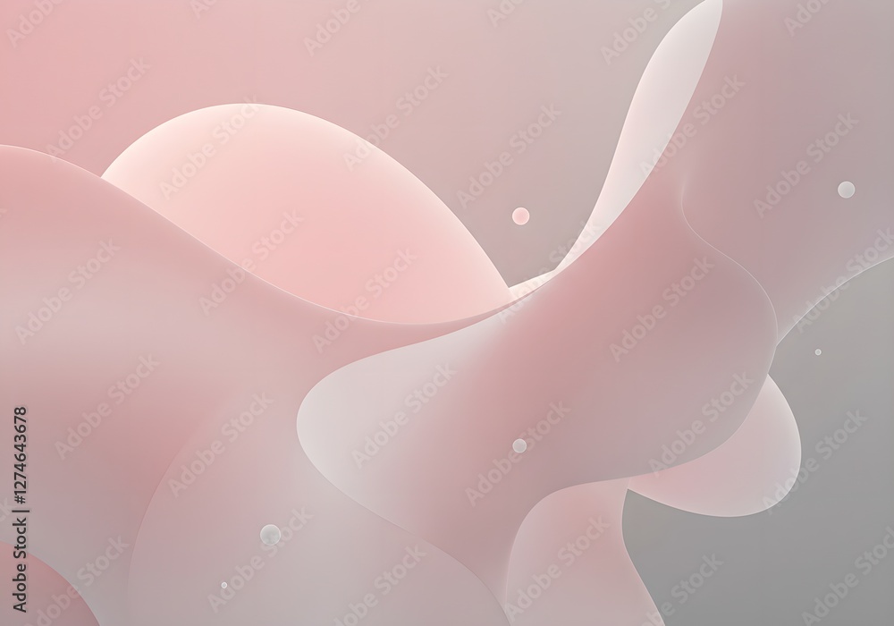 Poster abstract pink and white flowing shapes with subtle dots. gentle curves and soft gradients create a s