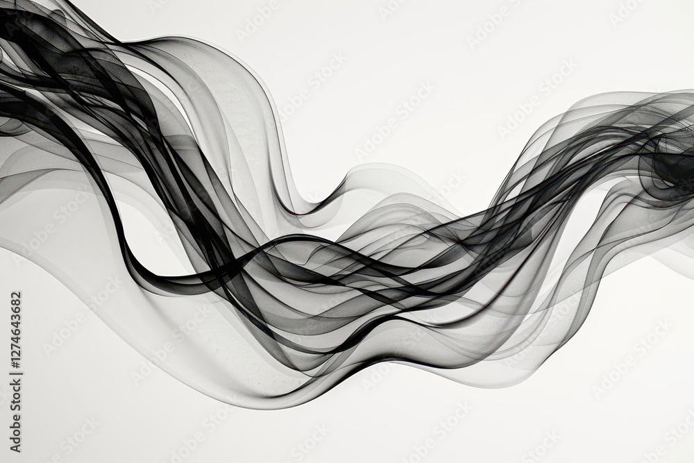 Poster flowing black smoke creates an abstract pattern on a light background, evoking a sense of movement a