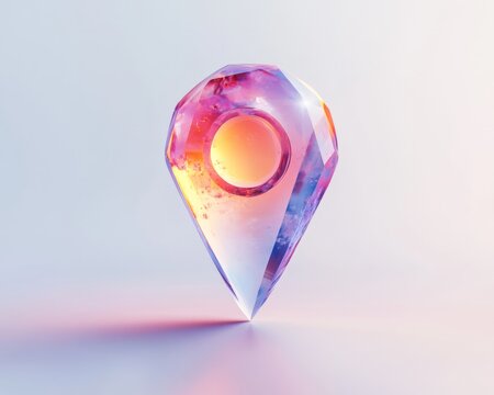 A creative crystal-like location pin with transparent effects, minimalist on white 