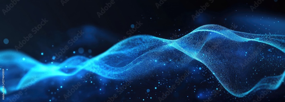 Poster a glowing blue wave of digital particles flowing in a dark abstract background, symbolizing data, so