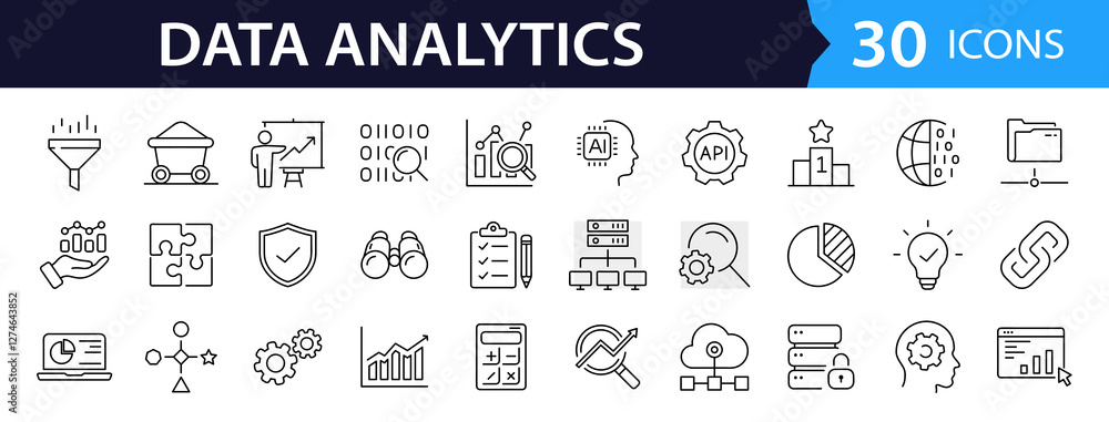 Poster Data analytics set of web icons in line style. Data analysis icons for web and mobile app. Data processing, statistics, database, analytics, monitoring, computing, AI, hosting, monitoring, server