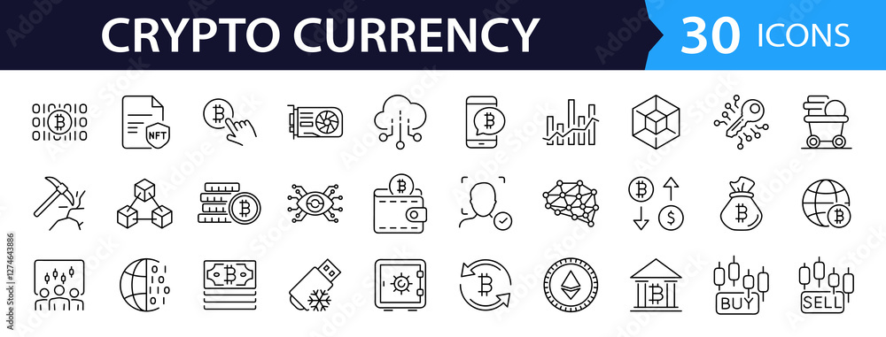 Poster Cryptocurrency set of web icons in line style. Crypto technology and Blockchain icons for web and mobile app. Crypto currency, bitcoin, NFT, technology, decentralized finance, encryption, token