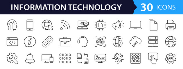 Information technology set of web icons in line style. IT icons for web and mobile app. Programming, network, website, technology progress, internet, devices, server, data. Vector illustration