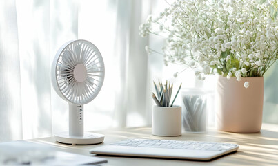 Desk Fan, Keyboard, and Flowers on Wooden Surface