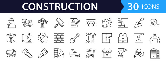 Construction set of web icons in line style. Building and construction icons for web and mobile app. Home repair, crane, building, tools, land, excavator, contractor, builders. Vector illustration